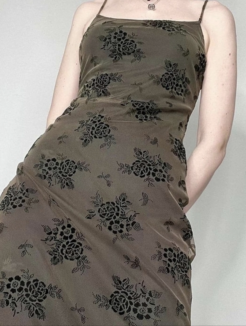 Brown Slip Dress with Black Floral Burnout #0164